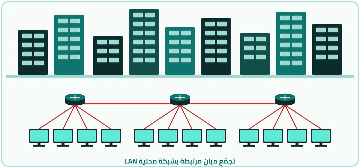 شكل ١-١١: ربط عدة بنايات عن طريق شبكة محلية LAN